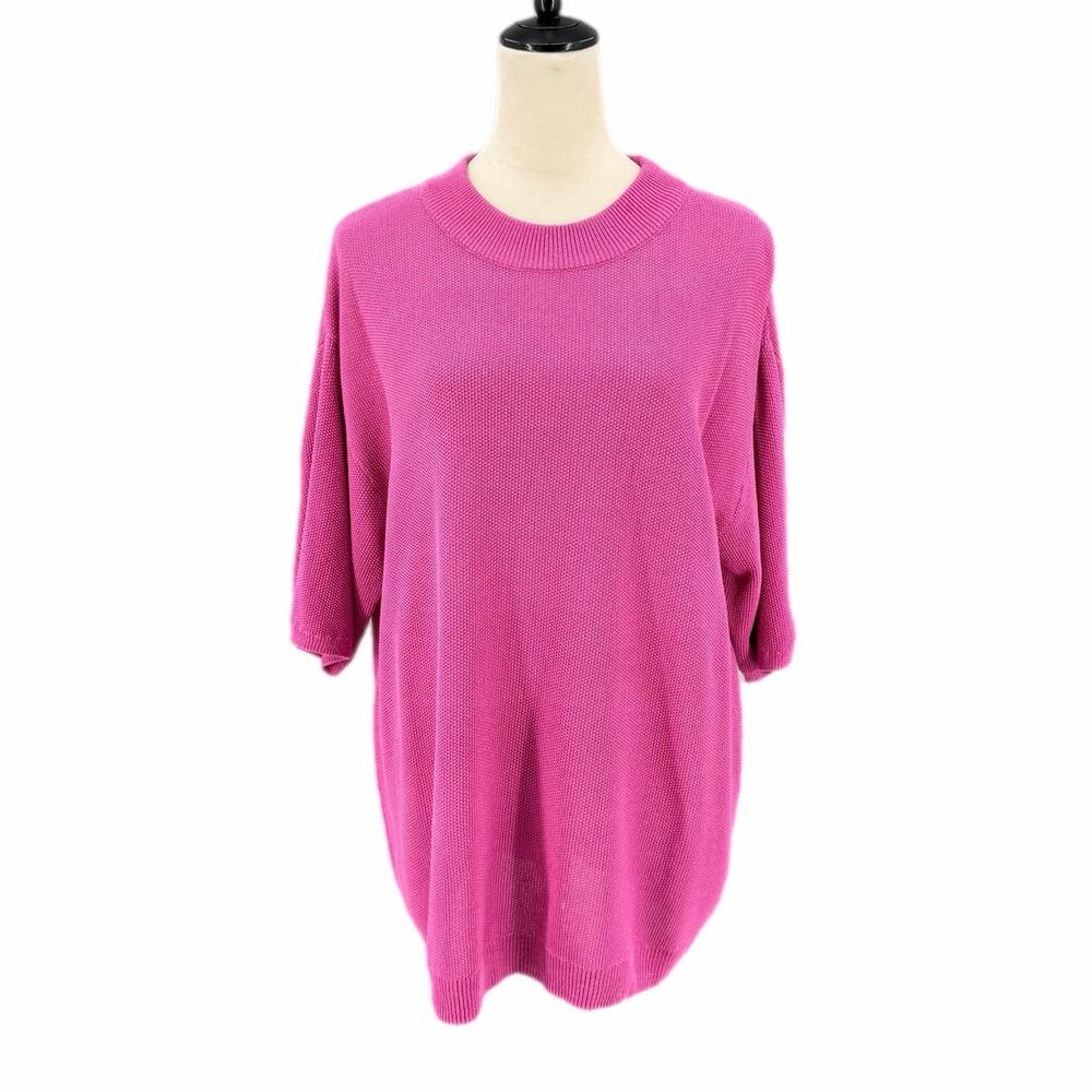 Free People Beach Bright Pink Oversized Relaxed Short Sleeve Knit Boho Sweater